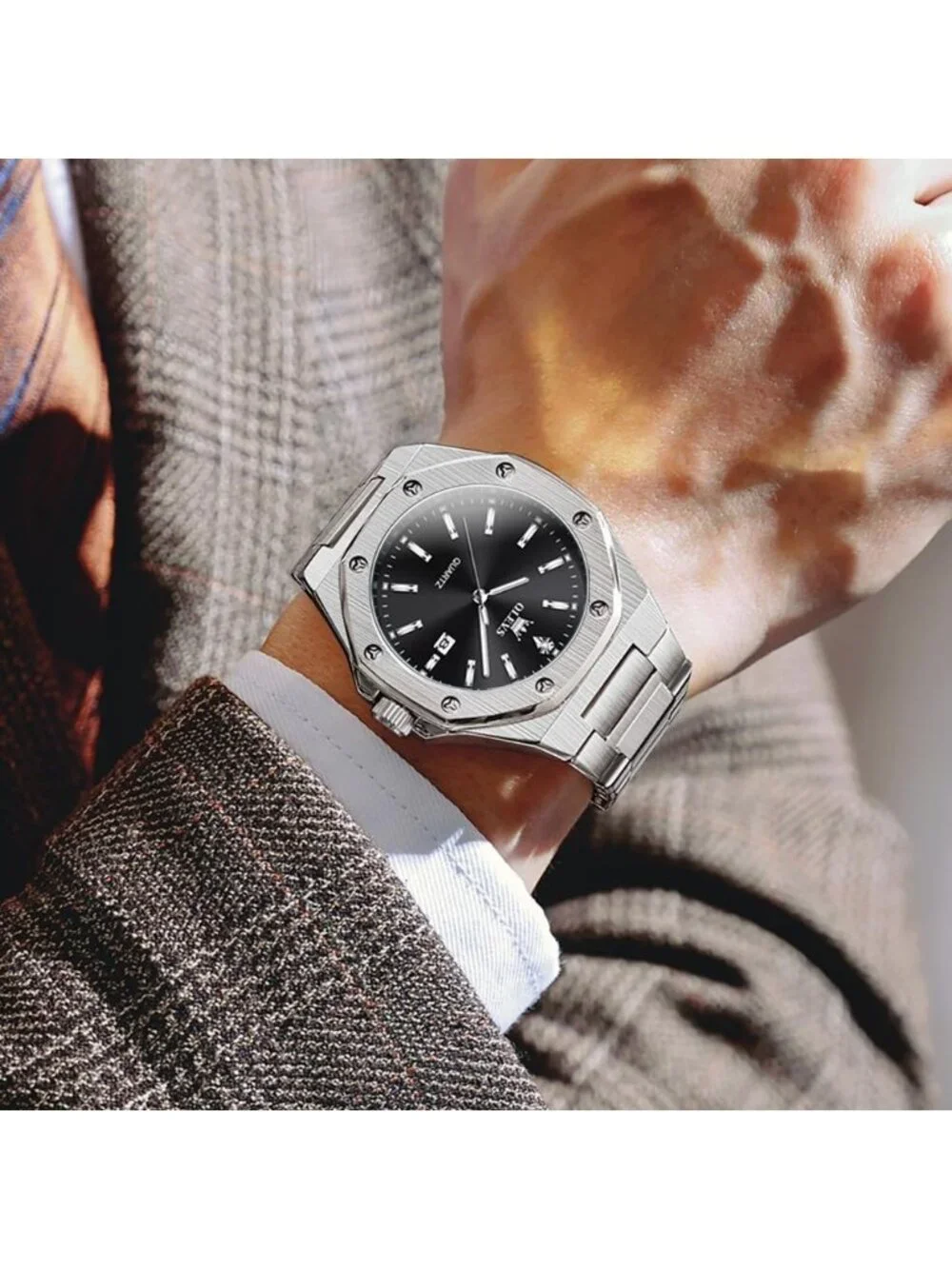 Men's Silver/Black Luxury Octagon Stainless Steel Waterproof Dress Wrist Watch